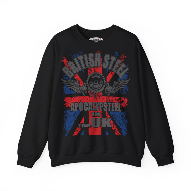 A black crewneck Gymstar sweatshirt featuring a distressed graphic print of the Union Jack with a skull wearing aviator goggles, the words 'BRITISH STEEL' and 'APOCALYPSE STEEL IN THE UK', and a small 'Comfort Colors' neck label.