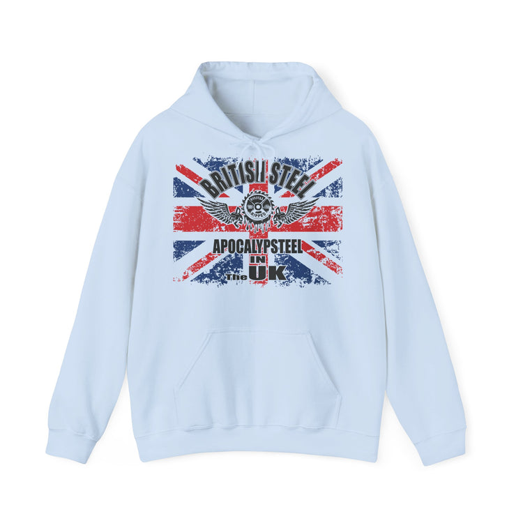 A light blue pullover hoodie with a distressed Union Jack graphic on the chest featuring the text 'BRITISH STEEL' and 'APOCALYPSE STEEL IN UK'.