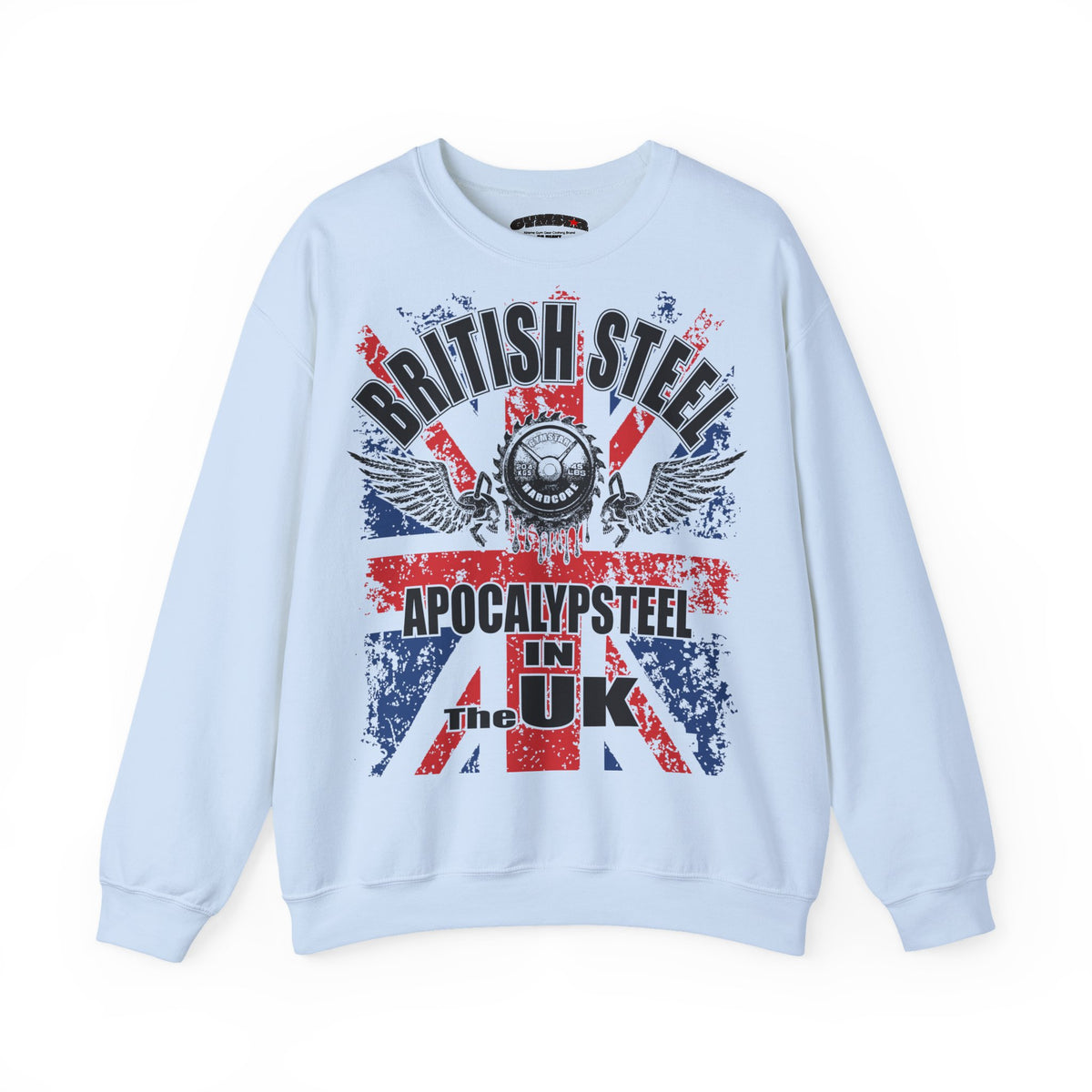 A light blue crewneck Gymstar sweatshirt featuring a distressed Union Jack graphic with the text 'BRITISH STEEL', 'APOCALYPSE STEEL', 'IN THE UK', and 'The Steel'.