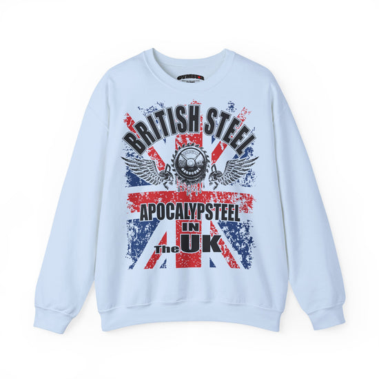A light blue crewneck Gymstar sweatshirt featuring a distressed Union Jack graphic with the text 'BRITISH STEEL', 'APOCALYPSE STEEL', 'IN THE UK', and 'The Steel'.