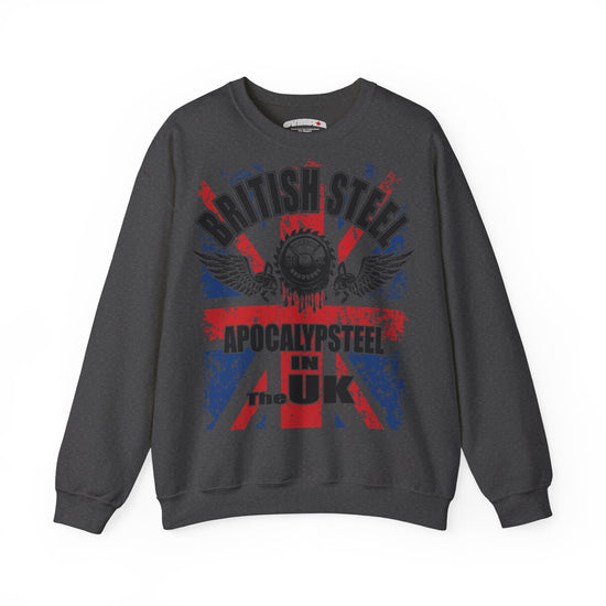 A dark gray crewneck Gymstar sweatshirt featuring a distressed graphic print of the Union Jack in red and blue, with a central skull and wings, and text reading 'BRITISH STEEL', 'APOCALYPSE STEEL IN UK', and 'The'.