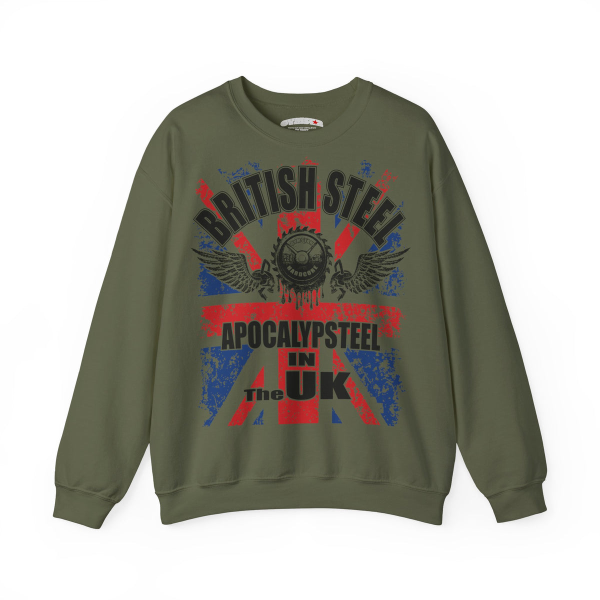 An olive green Gymstar crewneck sweatshirt featuring a distressed graphic print of a Union Jack flag with the text 'BRITISH STEEL' and 'APOCALYPSTEEL IN THE UK' in black, red, and blue.