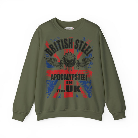 An olive green Gymstar crewneck sweatshirt featuring a distressed graphic print of a Union Jack flag with the text 'BRITISH STEEL' and 'APOCALYPSTEEL IN THE UK' in black, red, and blue.