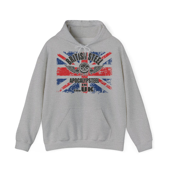 A light gray pullover hoodie with a distressed Union Jack graphic on the chest featuring the text 'British Steel' and 'Apocalypsteel in UK'.