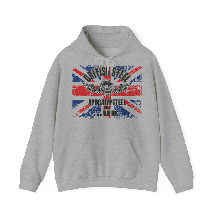 A light gray pullover hoodie with a distressed Union Jack graphic on the chest featuring the text 'British Steel' and 'Apocalypsteel in UK'.