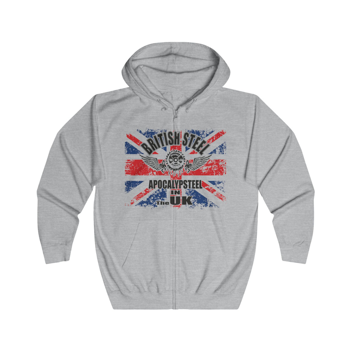 A light heather gray Gymstar zip-up hoodie featuring a distressed Union Jack graphic on the chest with the text 'BRITISH STEEL' and 'APOCALYPSTEEL'.