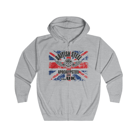 A light heather gray Gymstar zip-up hoodie featuring a distressed Union Jack graphic on the chest with the text 'BRITISH STEEL' and 'APOCALYPSTEEL'.