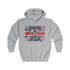 A light heather gray Gymstar zip-up hoodie featuring a distressed Union Jack graphic on the chest with the text 'BRITISH STEEL' and 'APOCALYPSTEEL'.