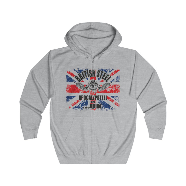 A light heather gray Gymstar zip-up hoodie featuring a distressed Union Jack graphic on the chest with the text 'BRITISH STEEL' and 'APOCALYPSTEEL'.