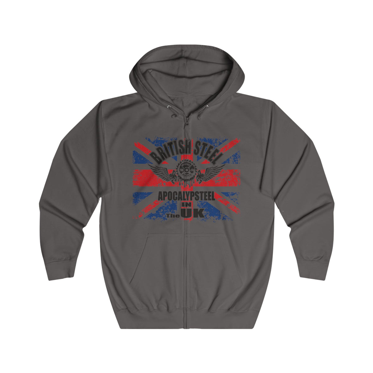 A dark gray zip-up Gymstar hoodie with a distressed Union Jack graphic on the chest featuring the text 'BRITISH STEEL' and 'APOCALYPSE STEEL'.
