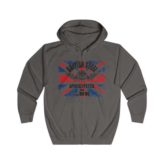 A dark gray zip-up Gymstar hoodie with a distressed Union Jack graphic on the chest featuring the text 'BRITISH STEEL' and 'APOCALYPSE STEEL'.