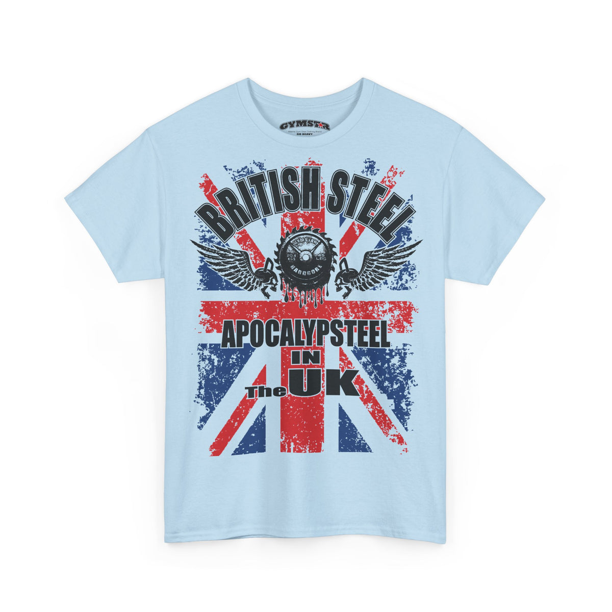 A light blue short-sleeve t-shirt with a distressed Union Jack graphic and heavy metal style text reading 'BRITISH STEEL', 'APOCALYPSTEEL', and 'The UK' on the front.