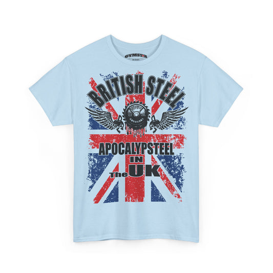 A light blue short-sleeve t-shirt with a distressed Union Jack graphic and heavy metal style text reading 'BRITISH STEEL', 'APOCALYPSTEEL', and 'The UK' on the front.