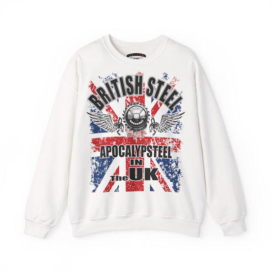 An off-white crewneck Gymstar sweatshirt featuring a distressed Union Jack graphic with the text 'BRITISH STEEL', 'APOCALYPSESTEEL', and 'The UK'.