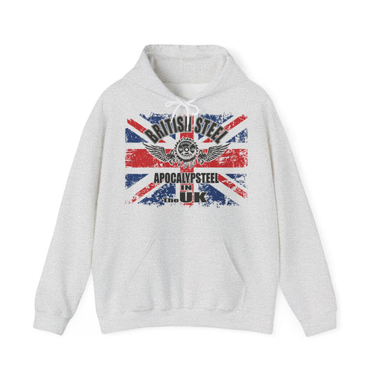 A light heather gray pullover hoodie featuring a distressed Union Jack graphic on the chest with the text 'BRITISH STEEL' and 'APOCALYPSE STEEL UK'.