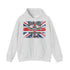 A light heather gray pullover hoodie featuring a distressed Union Jack graphic on the chest with the text 'BRITISH STEEL' and 'APOCALYPSE STEEL UK'.