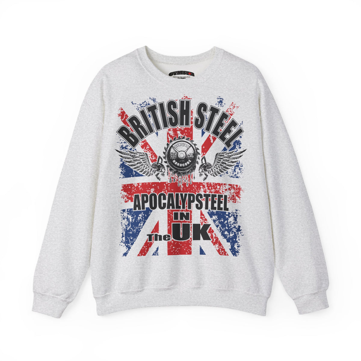 A light heather gray crewneck Gymstar sweatshirt featuring a distressed Union Jack graphic on the front with the text 'BRITISH STEEL', 'APOCALYPSESTEEL', and 'IN THE UK'.