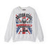 A light heather gray crewneck Gymstar sweatshirt featuring a distressed Union Jack graphic on the front with the text 'BRITISH STEEL', 'APOCALYPSESTEEL', and 'IN THE UK'.