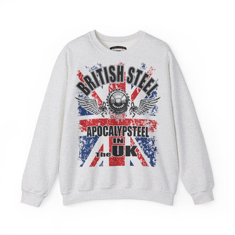 A light heather gray crewneck Gymstar sweatshirt featuring a distressed Union Jack graphic on the front with the text 'BRITISH STEEL', 'APOCALYPSESTEEL', and 'IN THE UK'.