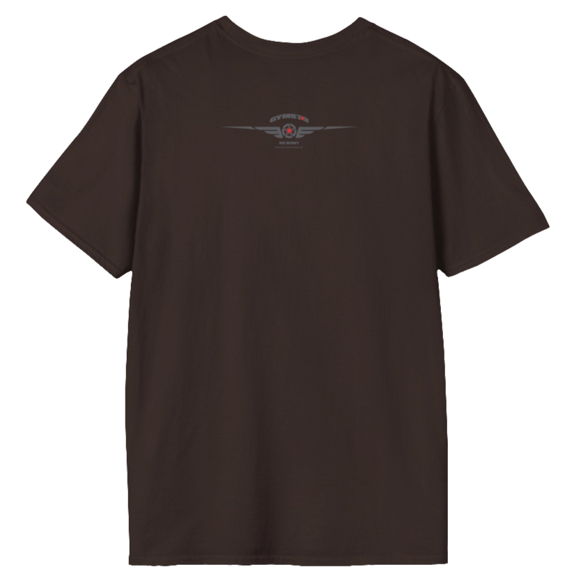 A broun Gymstar fitness t-shirt with the brand logo and a motivating design Training Day. Rear view.