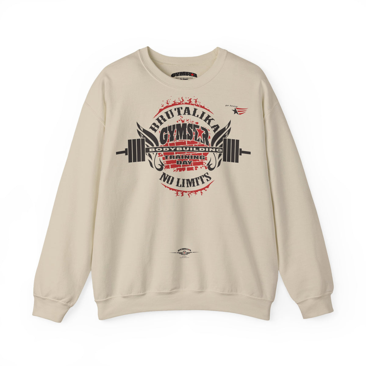 A beige crewneck sweatshirt featuring a large graphic print on the front with a barbell, wings, and the text BRUTALIKA GYMSTAR and 'NO LIMITS'.