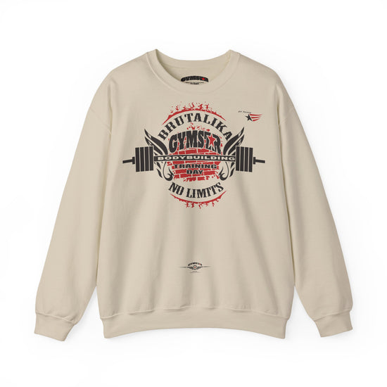 A beige crewneck sweatshirt featuring a large graphic print on the front with a barbell, wings, and the text BRUTALIKA GYMSTAR and 'NO LIMITS'.