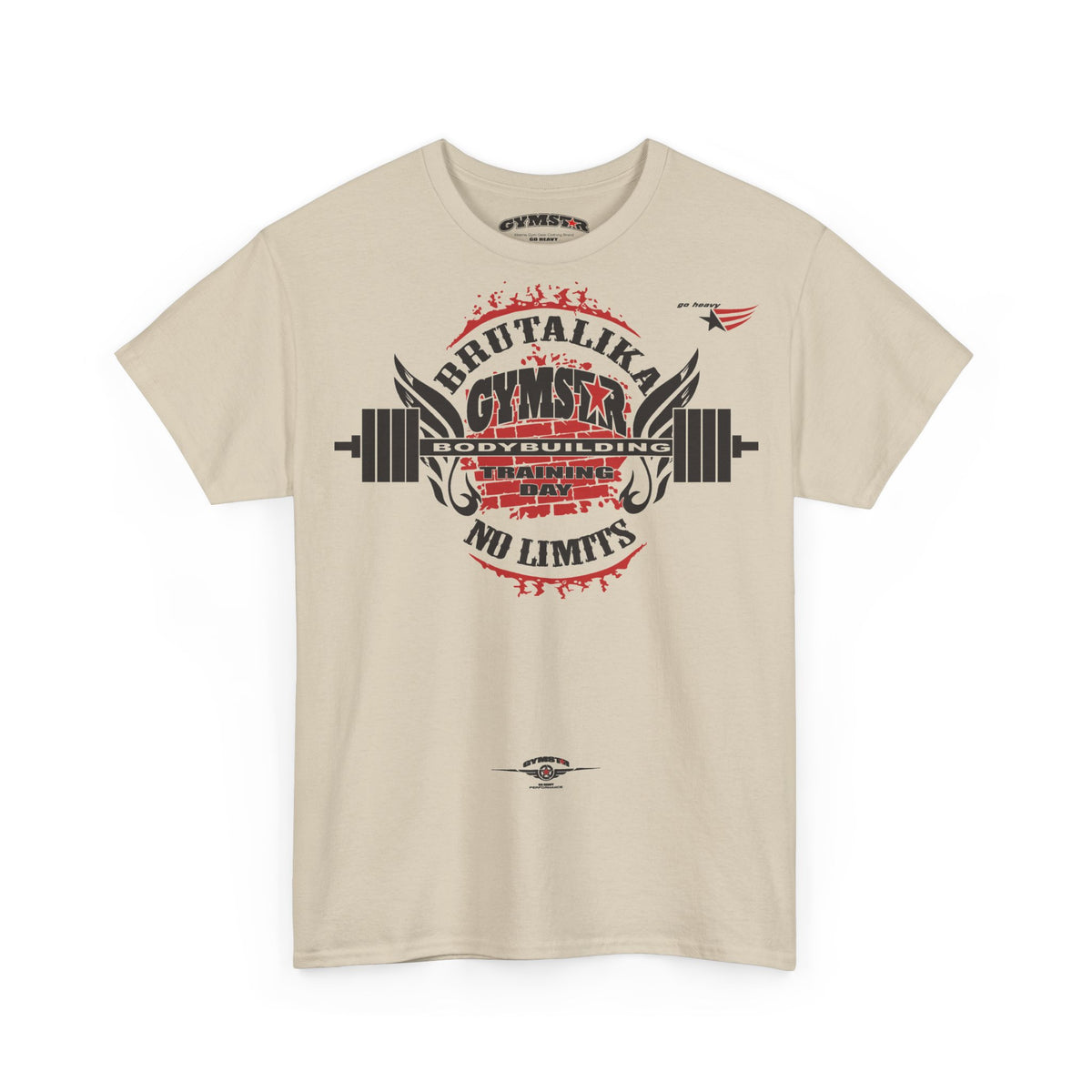 A beige short-sleeve crewneck t-shirt featuring a gym-themed graphic on the chest with a barbell, wings, and the text 'BRUTALIKA GYMSTAR' and 'NO LIMITS'.