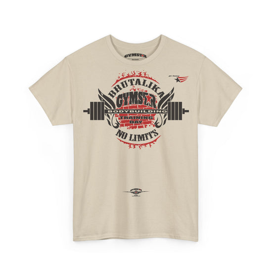 A beige short-sleeve crewneck t-shirt featuring a gym-themed graphic on the chest with a barbell, wings, and the text 'BRUTALIKA GYMSTAR' and 'NO LIMITS'.