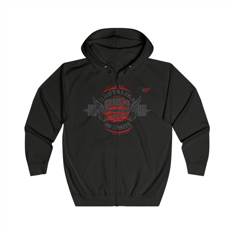 Black hoodie with a red logo on a white background