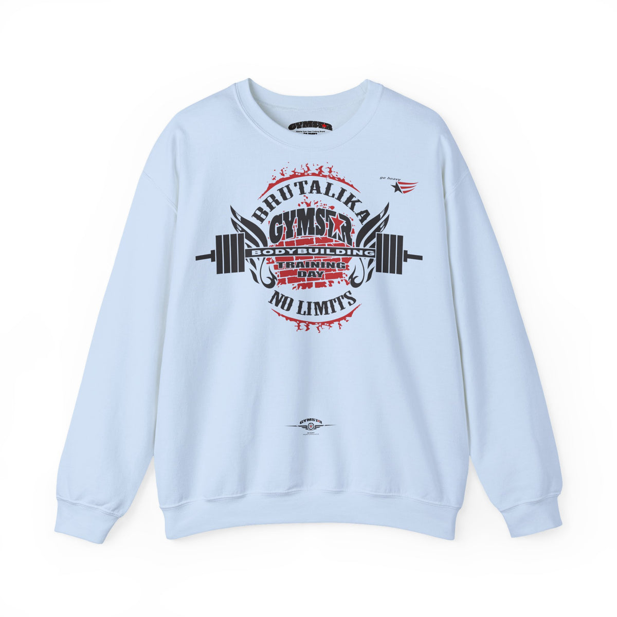 A light blue crewneck sweatshirt featuring a large graphic print on the front with a barbell, wings, and the text BRUTALIKA GYMSTAR' and 'NO LIMITS'.