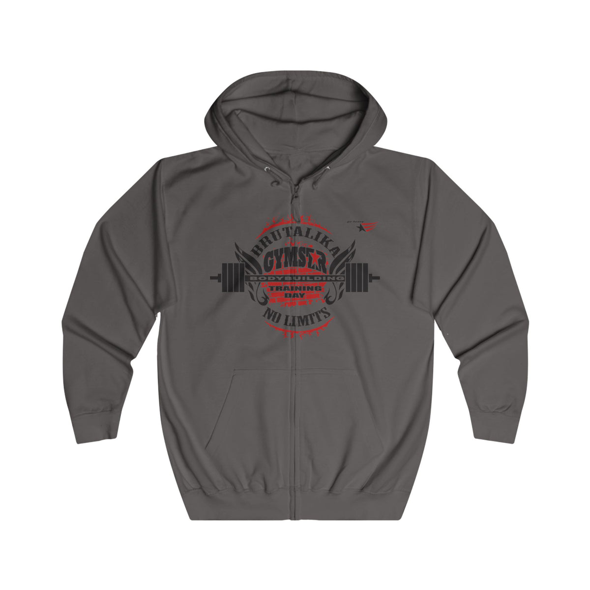 A dark gray zip-up hoodie with a front graphic that reads 'MUTUAL LOVE GYMNASIA NO LIMITS' in red and black, featuring a barbell and wings design, shown on a plain white background.