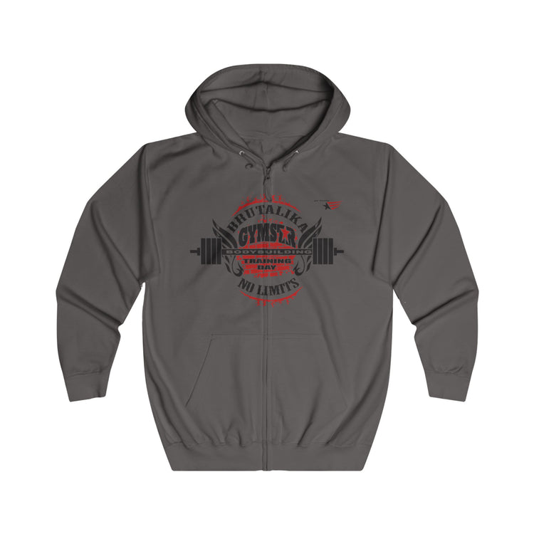 A dark gray zip-up hoodie with a front graphic that reads 'MUTUAL LOVE GYMNASIA NO LIMITS' in red and black, featuring a barbell and wings design, shown on a plain white background.