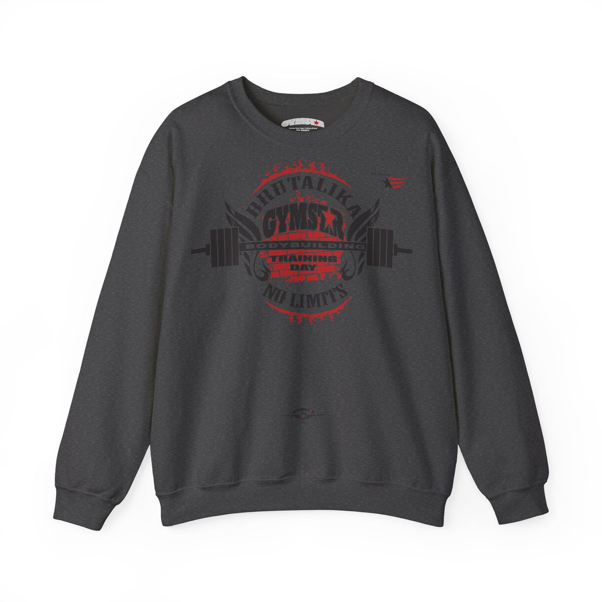 A dark gray crewneck sweatshirt with a red and black graphic on the chest reading GYMSTAR' and 'TRAINING DUTY', displayed against a plain white background.