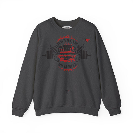 A dark gray crewneck sweatshirt with a red and black graphic on the chest reading GYMSTAR' and 'TRAINING DUTY', displayed against a plain white background.