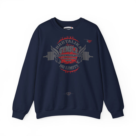 Navy blue sweatshirt with a map design and text on a white background