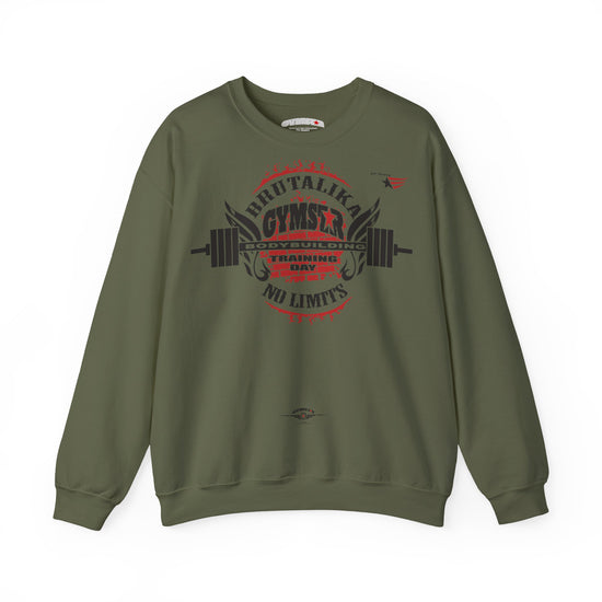 An olive green crewneck sweatshirt with a graphic print on the front. The graphic features a barbell, wings, and text reading BRUTALIKA GYMSTAR