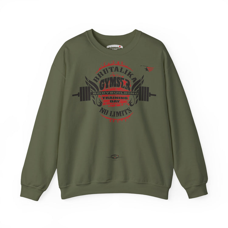 An olive green crewneck sweatshirt with a graphic print on the front. The graphic features a barbell, wings, and text reading BRUTALIKA GYMSTAR
