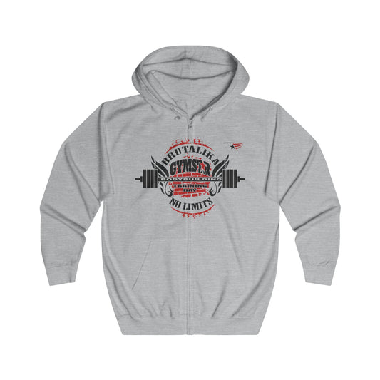 A light heather gray zip-up hoodie with a front graphic print featuring a barbell, wings, and the text 'SHUVALIKE GYMSTAR' and 'NO LIMITS'.