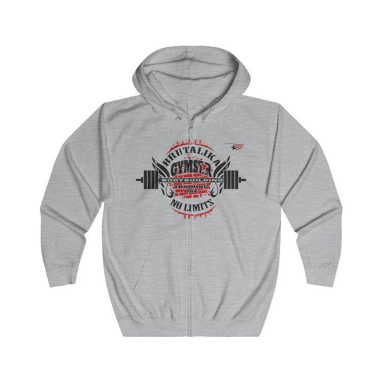 A light heather gray zip-up hoodie with a front graphic print featuring a barbell, wings, and the text 'SHUVALIKE GYMSTAR' and 'NO LIMITS'.