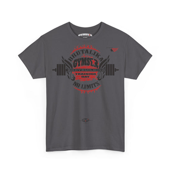 A dark gray crewneck t-shirt featuring a red and black graphic print on the front with the text 'BRUTALIKA GYMSTAR TRAINING DAY NO LIMITS' and a barbell design.