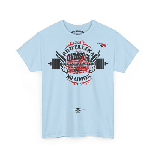 A light blue short-sleeve t-shirt with a large graphic print on the front. The graphic features a barbell design and distressed text reading 'BRUTALIKA GYMNSIS COVERAGE TRAINING NO LIMITS' in red, black, and white.