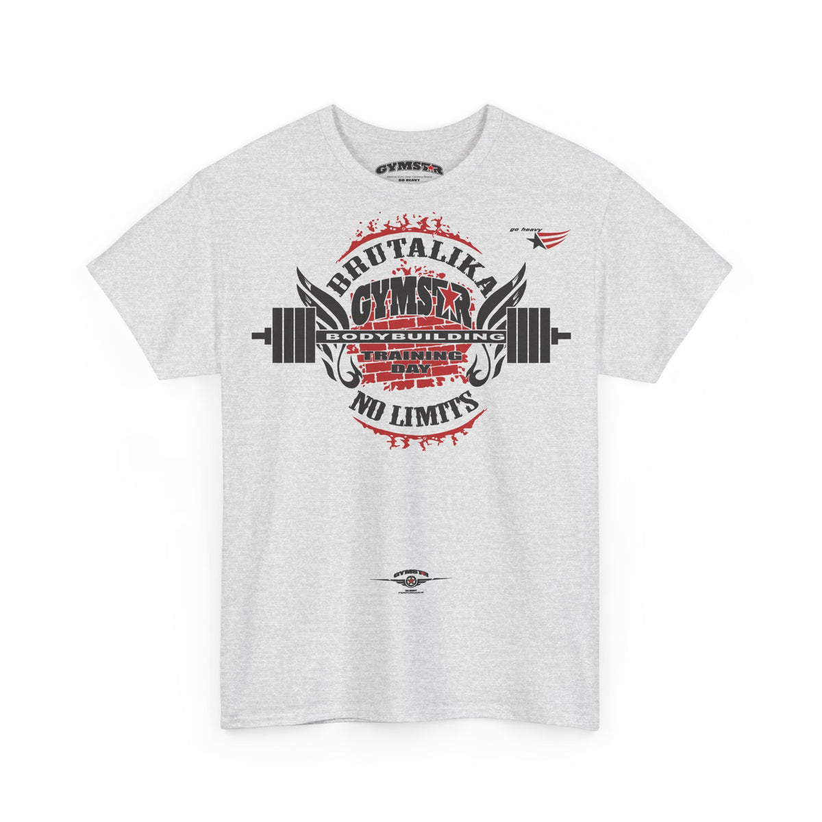 A light heather gray short-sleeve t-shirt with a large graphic print on the front. The graphic features a barbell design and distressed red and black text reading 'BRUTALIKA GYMSTAR BODYUBUILDING TRAINING SYSTEM' and 'NO LIMIT'S'.