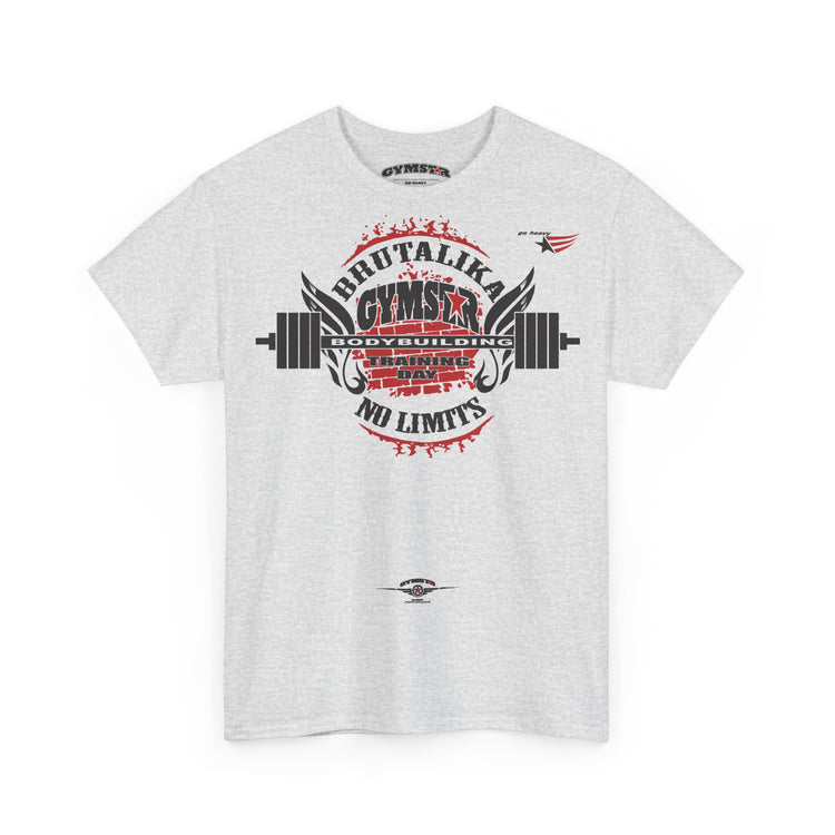 A light heather gray short-sleeve t-shirt with a large graphic print on the front. The graphic features a barbell design and distressed red and black text reading 'BRUTALIKA GYMSTAR BODYUBUILDING TRAINING SYSTEM' and 'NO LIMIT'S'.