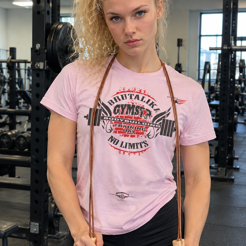 Emelie Johansson modeling a light pink GYMSTAR BRUTALIKA graphic T-shirt with a bold bodybuilding print in a fitness gym.