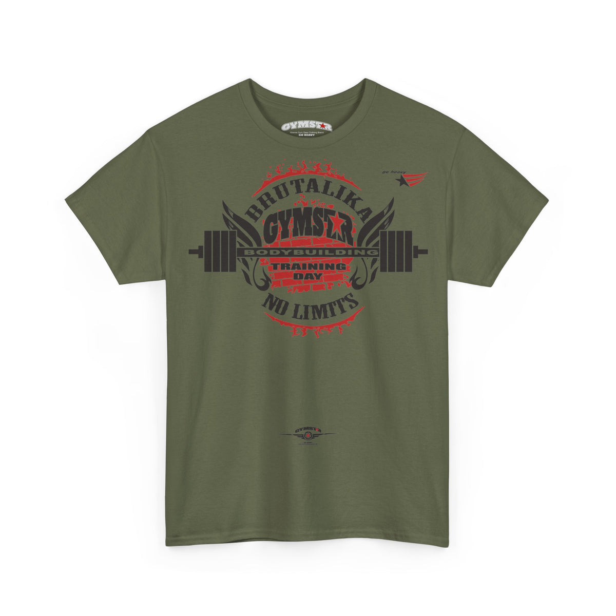 An olive green short-sleeve t-shirt with a distressed gym graphic on the front. The graphic features a barbell, wings, and the text 'BRUTALIKA CYMSTAR' and 'TRAINING DAY' in red and black.
