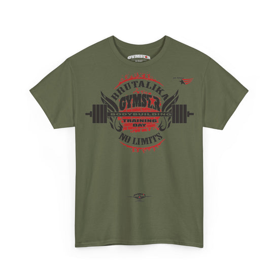 An olive green short-sleeve t-shirt with a distressed gym graphic on the front. The graphic features a barbell, wings, and the text 'BRUTALIKA CYMSTAR' and 'TRAINING DAY' in red and black.