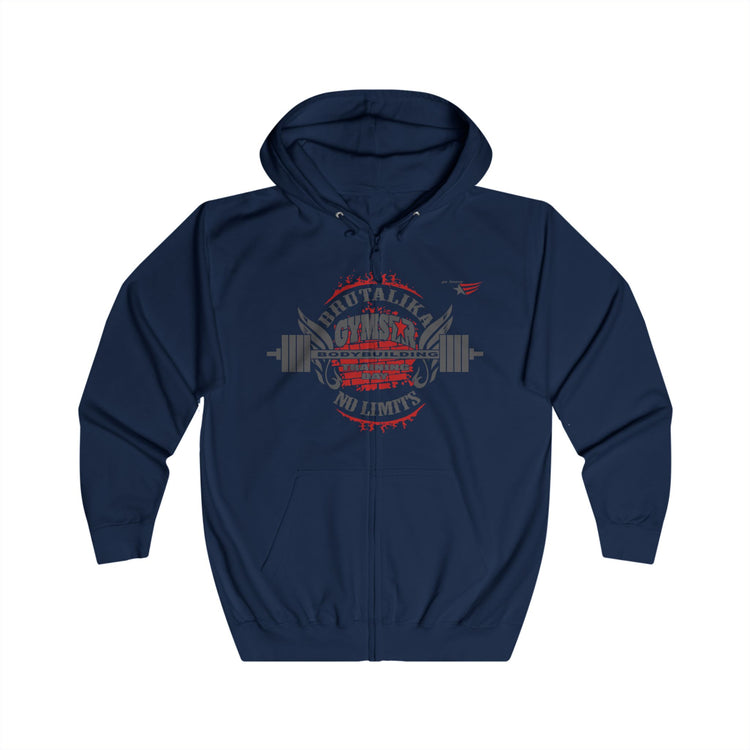 A navy blue zip-up hoodie with a distressed red and gray graphic on the chest featuring a barbell and the words 'GRIPITALIK GYM' and 'NO LAMENTS'.