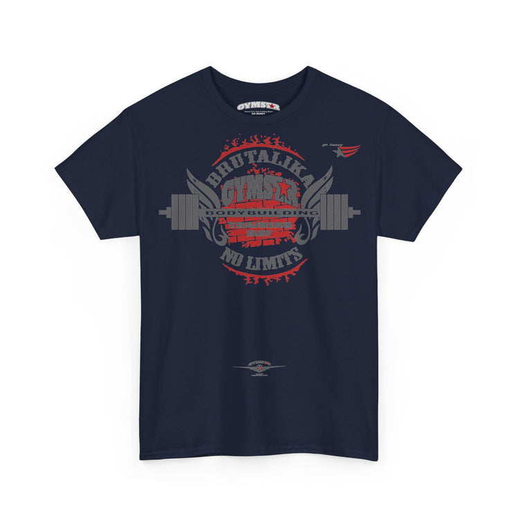 A navy blue short-sleeve t-shirt with a large graphic on the front featuring a barbell, wings, and the text BRUTALIKA GYM' in red and gray, along with 'NO LIMITS' curved below.