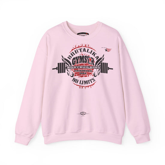 A light pink crewneck sweatshirt featuring a large graphic print on the front with a barbell, wings, and the text 'PIR'TALIKA GYMSTAR TRAINING NO LIMITS' in black and red.