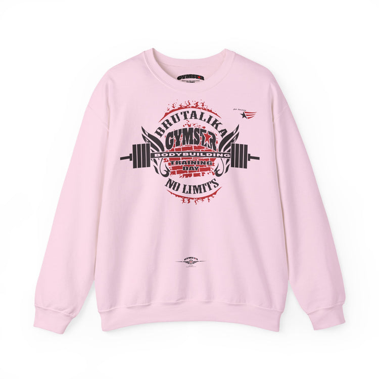 A light pink crewneck sweatshirt featuring a large graphic print on the front with a barbell, wings, and the text 'PIR'TALIKA GYMSTAR TRAINING NO LIMITS' in black and red.